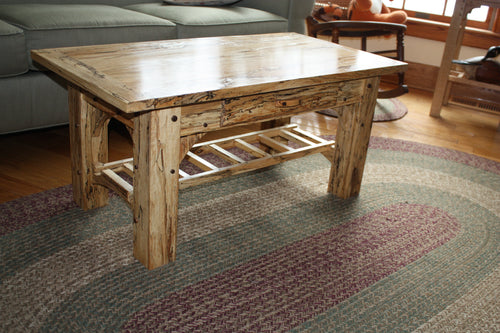Adirondack spalted maple timber framed coffee table bread board top doe tailed drawer shelf pegged mortise and tenon