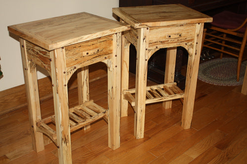 end table stand Adirondack spalted maple pegged mortised joints rustic timber framed bread board top purlin shelf  