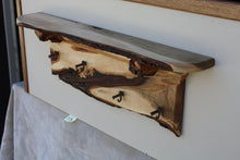 Load image into Gallery viewer, wall shelf brown maple with four antique cast iron maple syrup taps live edge crown molding burl shelf supports
