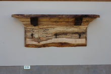 Load image into Gallery viewer, wall shelf spalted maple with three antique cast iron maple syrup taps live edge crown molding burl supports

