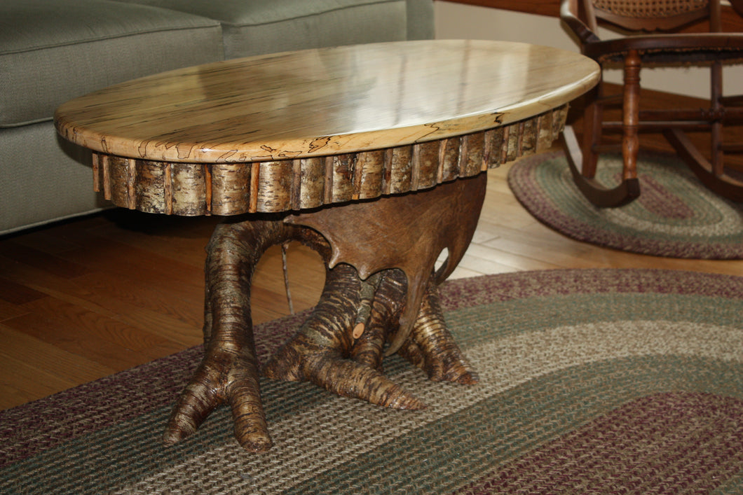 CT-12 - Oval Top Adirondack Spalted Maple Coffee Table W/Yellow Birch Root Pedestal