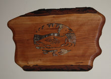 Load image into Gallery viewer, scroll saw cut loon on mountain lake birch bark backing live edge cherry with bark on wall hanging or table top display

