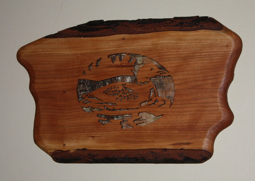 scroll saw cut loon on mountain lake birch bark backing live edge cherry with bark on wall hanging or table top display
