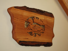 Load image into Gallery viewer, scroll saw loon on mountain lake live edge cherry birch bark backing displayed on wall

