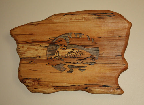 rustic spalted maple scroll saw loon Adirondack birch bark backing displayed on wall