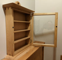 Load image into Gallery viewer, maple spice or curio cabinet door open to show magnetic closure and interior shelves dovetailing visible on side
